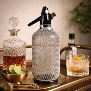 Vintage ACC Czech Soda Siphon Glass Mesh Seltzer Large Bottle Art Deco Bar MCM